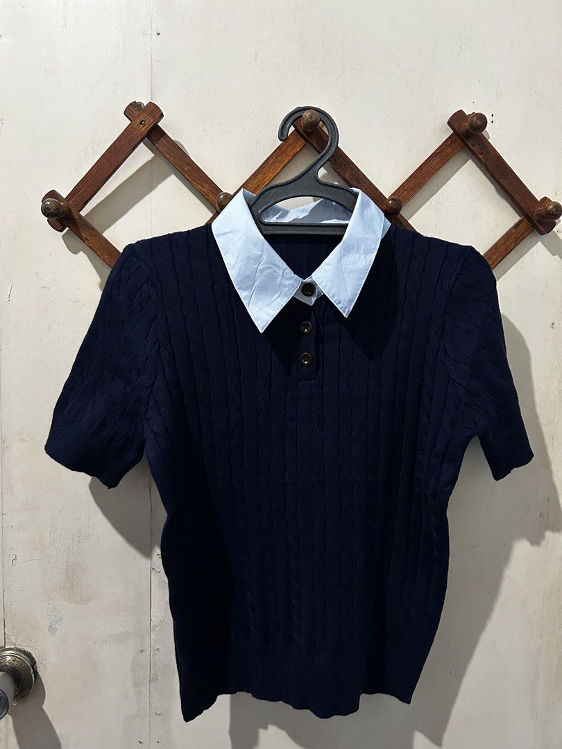BKK Knitted Top (Category: Blouses) located in Asingan. Submitted by prelovedbykimmy_ (Listing ID 1468979355, Image 1). Description: • two tone (navy blue & light blue collar) • brand new with tag • super stretchy and soft fabric • s-l fit.