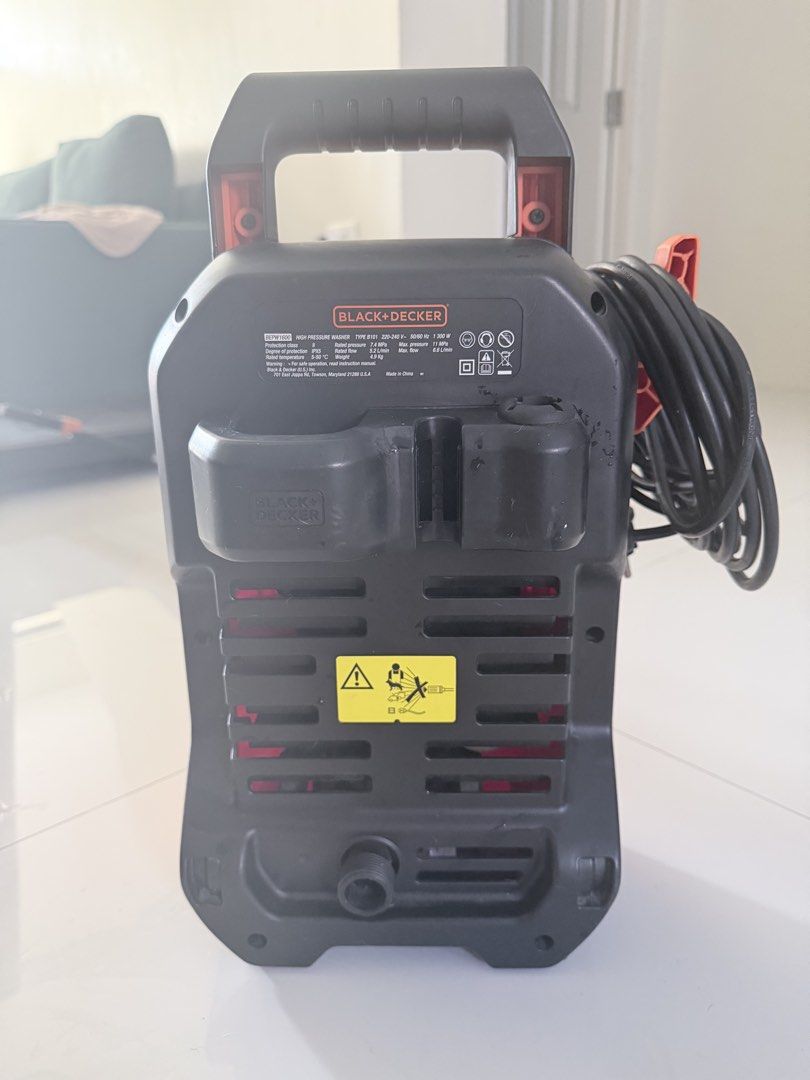 Black & Decker BEPW1600 High Pressure Washer (Category: Cleaning Tools & Supplies) located in Manila. Submitted by erin_closet (Listing ID 1468987431, Image 3). Description: - Brand: Black & Decker BEPW1600 High Pressure Washer - Power & Performance: 1300W motor delivering 1600 PSI and 110 BAR - Condition: Slightly used - Included Accessories: Spray gun wand, high pressure hose, soap dispenser bottle, and water inlet connector - Ideal For: Washin