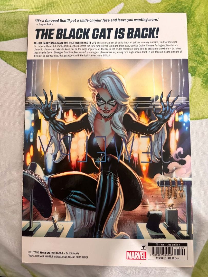 Black Cat Vol. 1: Grand Theft Marvel TPB (Paperback) (Category: Comics & Manga) located in Binan City. Submitted by safe_gorpfriday (Listing ID 1469088896, Image 2). Description: - Title: Black Cat (2019) #1-5 Softcover Graphic Novel - Writer: Jed MacKay - Artists: Travel Foreman, Nao Fuji, Michael Dowling, and Brian Reber - Publisher: Marvel - Condition: Clean back cover, crisp barcode and corners, carefully shelf-stored - US Retail Price: $15.9