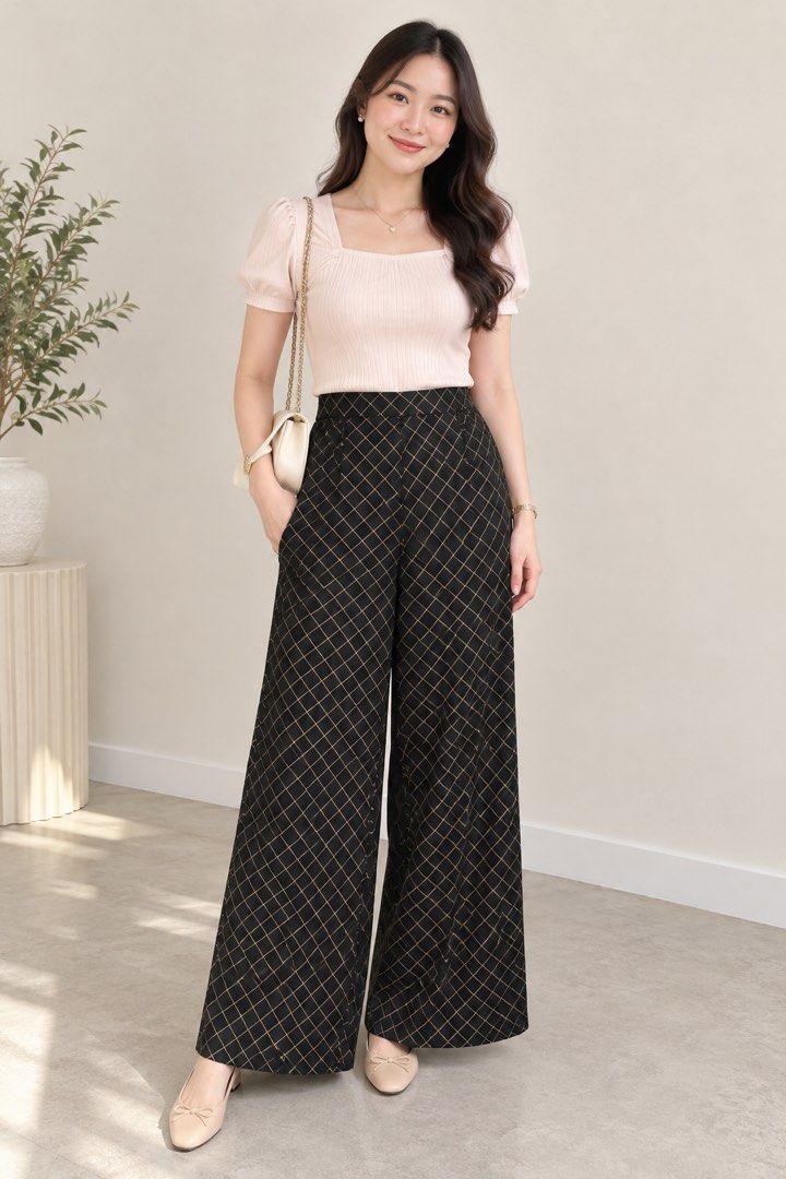 Black Gold Diamond Grid Wide Leg Pants (Category: Other Bottoms) located in Antipolo. Submitted by harlowwillow (Listing ID 1468949920, Image 1). Description: NO TO LOW BALLERS LARGE TO XL W 14.5” to 19.5” L 37.5” - Color & Pattern: Black with all-over gold diamond grid - Fit: High-waisted with a comfortable elastic waistband at the back - Fabric: Flowy, lightweight, and very comfortable - Versatility: Great statement piece for office wear or cas
