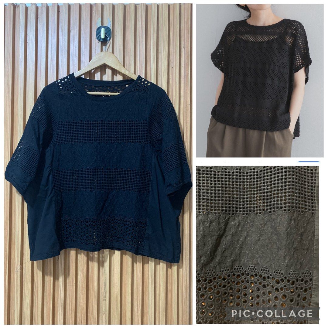 Black Lace Cutout Short Sleeve Blouse (Category: Blouses) located in Koronadal. Submitted by girlish1105 (Listing ID 1469157228, Image 1). Description: - Color: Black - Style: Short-sleeve top with scoop neckline - Design: Mixed lace, cutout panels, and alternating geometric mesh stripes - Fit: Loose, relaxed, and airy - Comfort: Made with breathable material, perfect for warm weather - Versatility: Easy to pair with both skirts and pants.