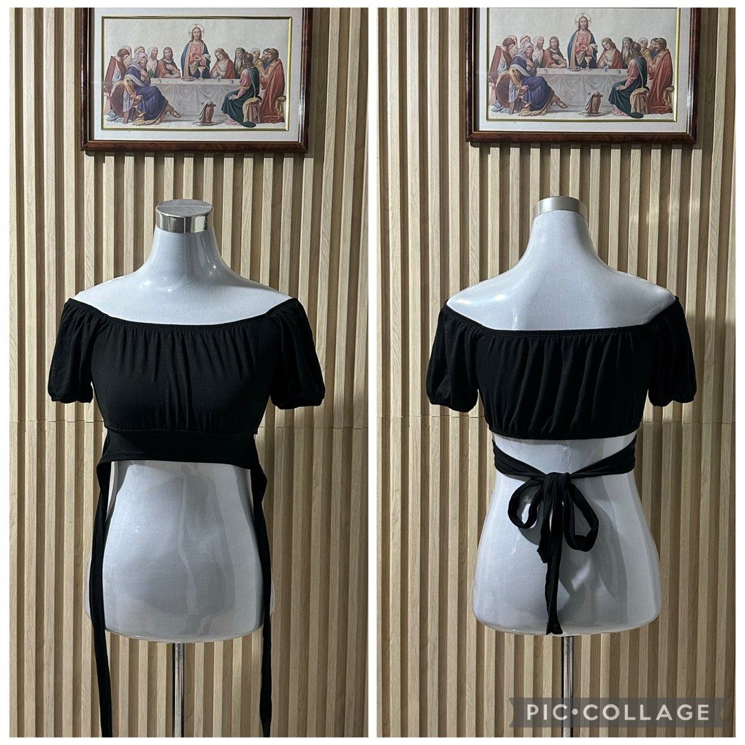 Black off-shoulder crop top with ribbon tie back (Category: Sleeveless) located in Quezon City. Submitted by yourchingu16 (Listing ID 1469103012, Image 1). Description: - Price: 100 if bought with other products - Style: Off-shoulder crop top with short puffed sleeves MANNEQUIN Body Frame/Measurement Shoulder - 16” Bustline - 34” Waistline - 27” Hip - 36”.