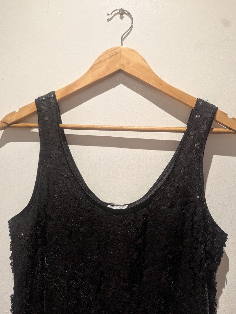 Black sequin sleeveless dress (Category: Dresses) located in Quezon City. Submitted by moonjay2026 (Listing ID 1469022783, Image 2). Description: - Size: Can fit Large - Style: Party, night out, or special events - Design: Fully covered in sequins (front and back) with a scoop neckline - Fit: Standard fit, sleeveless mini length - Versatility: Easy to pair with heels or boots - Condition: Brand new and ready to wear - Never been used. Natago lang