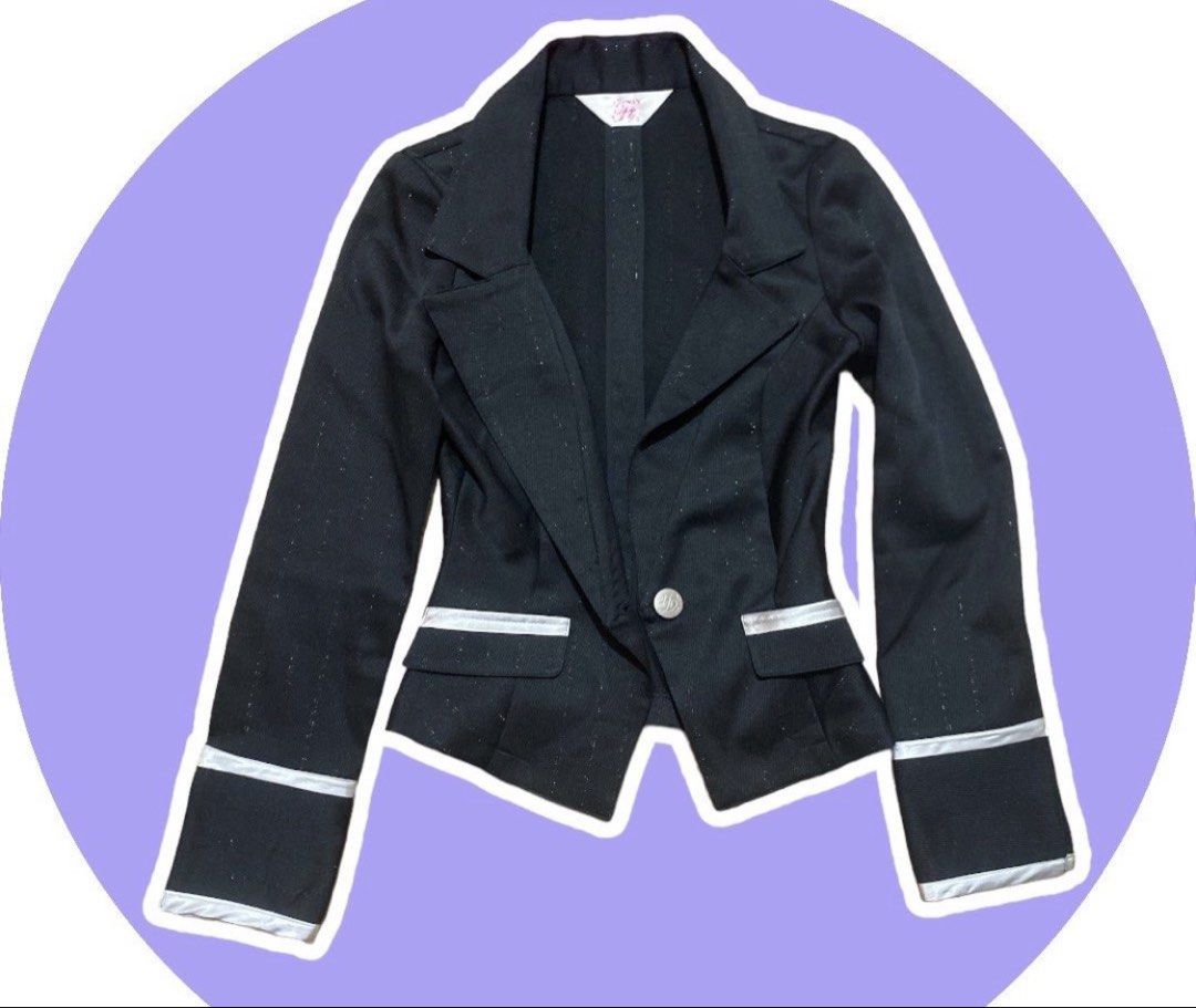Black Shimmer Blazer with White Trim (Category: Coats, Jackets and Outerwear) located in Marikina City. Submitted by jessylady10 (Listing ID 1468978673, Image 1). Description: - Color: Black with subtle sparkle throughout - Details: Silver trim on cuffs and pocket flaps - Fit: Tailored and fitted cut with single front button - Neckline: Classic collared with lapels - Condition: Excellent - Perfect for: Dressing up casual looks, parties, or formal