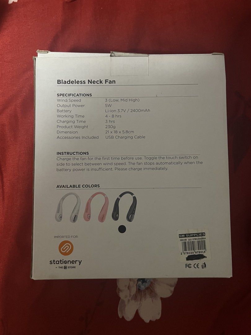 Bladeless Neck Fan (Category: Fans) located in Manila. Submitted by ymgucci (Listing ID 1469055967, Image 2). Description: - Type: Portable Bladeless Neck Fan - Wind Speeds: 3 adjustable settings - Battery: Built-in 2400mAh (4-8 hours working time) - Charging: Full charge in 3 hours via USB - Condition: Brand New, Never used/opened (Original box has marks but no defect at all).