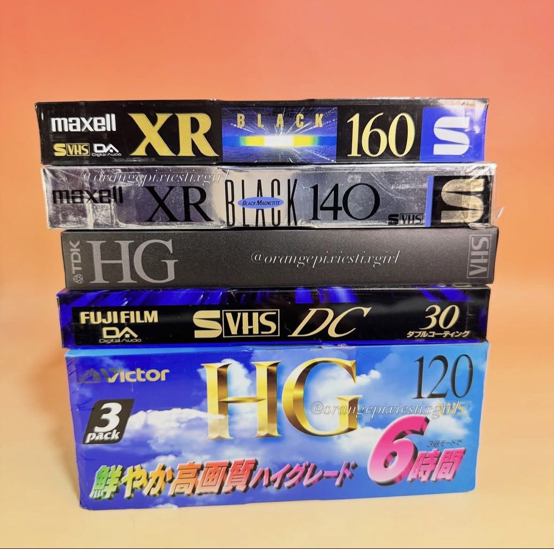 Blank VHS & S-VHS Video Cassette Tapes Sealed (Category: CDs & DVDs) located in Bulacan. Submitted by orangepixiestixgirl (Listing ID 1468966471, Image 1). Description: ‼️message me on ig, @orangepixiestixgirl for inquiries and transactions‼️ ‼️CAN’T REPLY HERE‼️ Blank VHS & S-VHS Video Cassette Tapes Sealed —Maxell XR Black 160 S-VHS (Super VHS / Digital Audio, SVHS DA) —Maxell XR Black 140 S-VHS (Black Magnetite, SVHS) —TDK HG 120 (High Grade, 