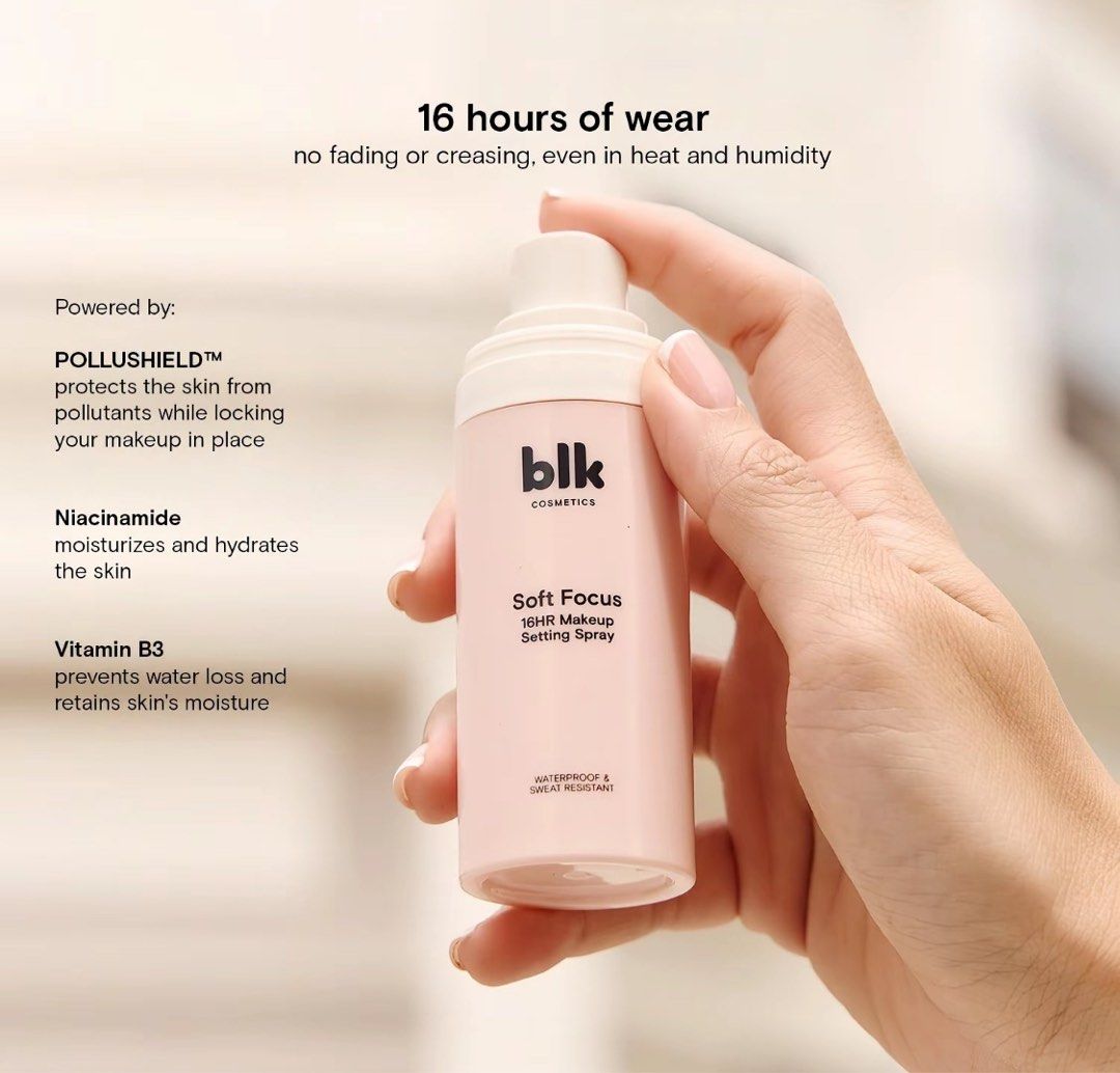 blk Cosmetics Soft Focus 16HR Makeup Setting Spray Mini (Category: Makeup) located in Manila. Submitted by goddesssy (Listing ID 1468937696, Image 1). Description: - Brand: blk cosmetics - Size: Mini / Travel-friendly - Wear time: Up to 16 hours - Formula: Waterproof, sweat-resistant, lightweight, and kiss-proof - Finish: Blurring effect - Skin benefits: Infused with Pollushield, niacinamide, and vitamin B3 for protection and hydration.