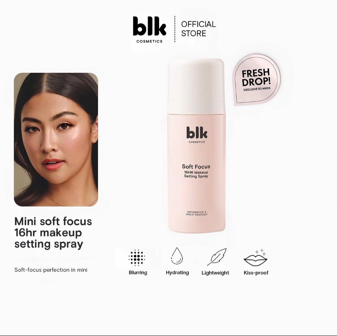 blk Cosmetics Soft Focus 16HR Makeup Setting Spray Mini (Category: Makeup) located in Manila. Submitted by goddesssy (Listing ID 1468937696, Image 2). Description: - Brand: blk cosmetics - Size: Mini / Travel-friendly - Wear time: Up to 16 hours - Formula: Waterproof, sweat-resistant, lightweight, and kiss-proof - Finish: Blurring effect - Skin benefits: Infused with Pollushield, niacinamide, and vitamin B3 for protection and hydration.