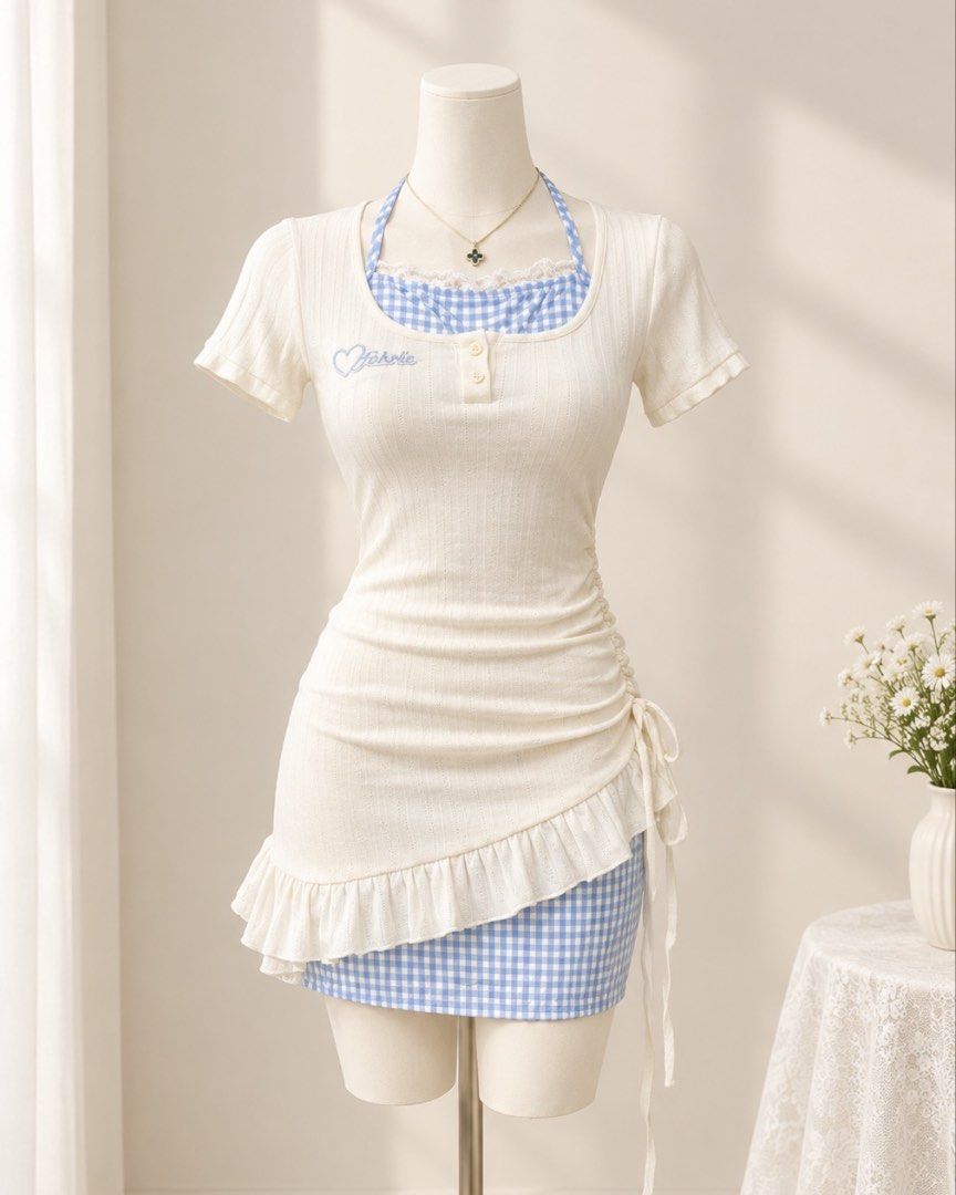 Blue Gingham Layered Mini Dress with Ruffle Hem (Category: Dresses) located in Manila. Submitted by mscharia (Listing ID 1469059116, Image 1). Description: - 2-in-1 layered summer piece: White short-sleeve knit top with blue & white gingham dress - Design details: Asymmetric hem with ruffled edge and side drawstring - Accent: Small blue embroidered heart graphic near neckline - Fit & Fabric: Lightweight, stretchy, and comfortable - Condition: Bra