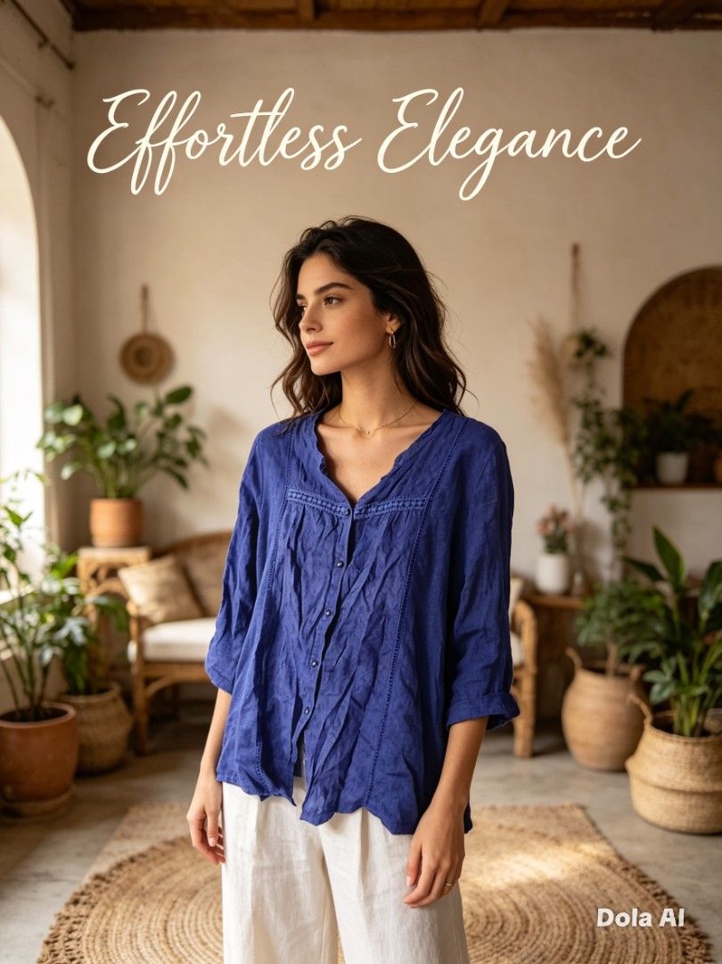 Blue Linen Blouse with Button Front (Category: Blouses) located in Manila. Submitted by f.s_prelov3d (Listing ID 1468989533, Image 1). Description: - Color: Deep blue - Material: Lightweight breathable linen, perfect for warm weather - Fit: Relaxed fit with 3/4 sleeves - Details: Button-down front with delicate lace trim along the neckline and shoulders - Styling: Versatile staple piece that pairs easily with white trousers or denim.