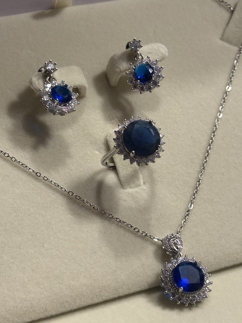 💙blue sapphire set earrings, ring & necklace (Category: Necklaces) located in Davao. Submitted by ememlou17 (Listing ID 1469066329, Image 2). Description: 💙blue sapphire set earrings, ring & necklace gemstone. Size 16-18inches chain Ring size 7 adjustable Markings pt950 Rodium/ Platinum over copper based metal Tarnish resistant with extra care Message me directly📩.