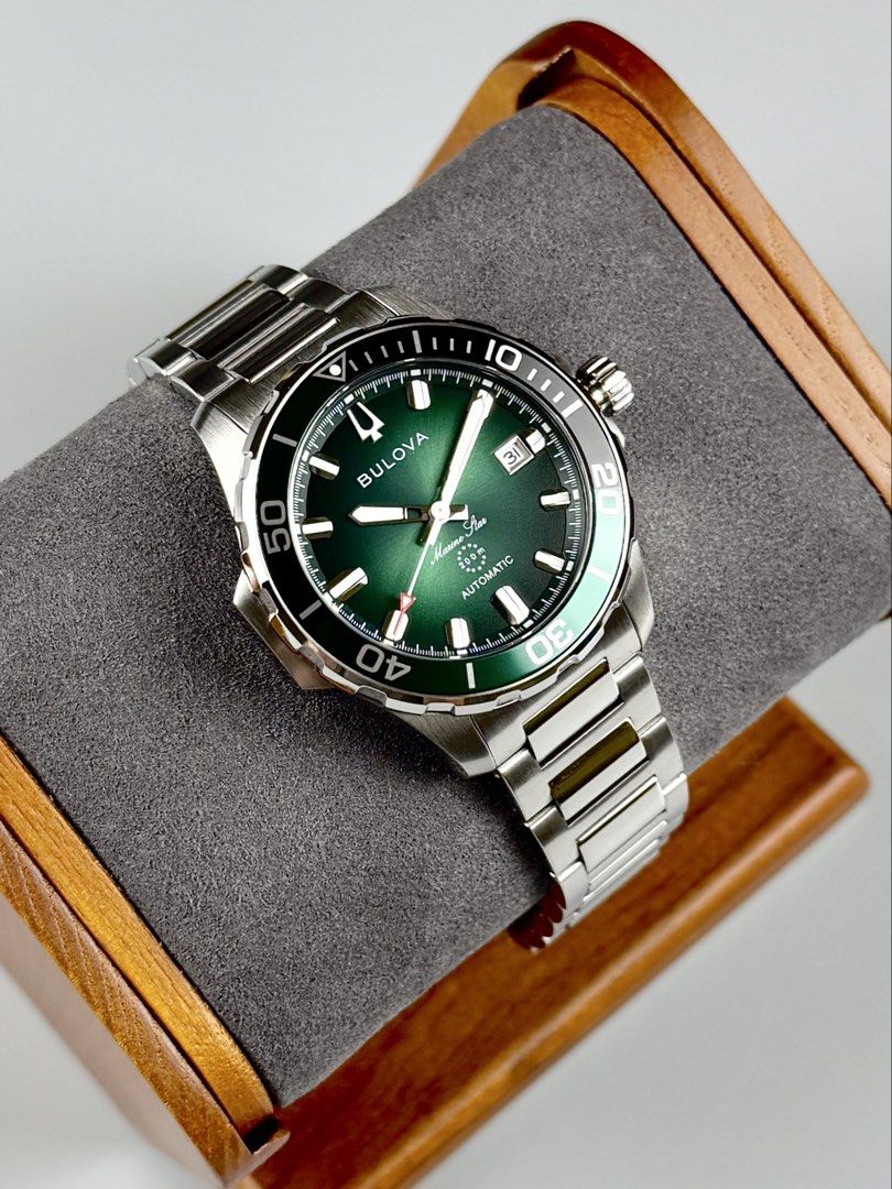 BNIB Bulova “Marine Star 41 - Green” Automatic Diver (Category: Men's Watches) located in Quezon City. Submitted by fluxcapacitorjp (Listing ID 1468955388, Image 1). Description: BNIB Bulova “Marine Star 41 - Green” Automatic Diver - Brand new. - Complete with e-guarantee. - 41mm case diameter. - Sapphire crystal with AR coating. - Green rotating bezel. - Stainless steel case. - Stainless steel bracelet. - Sunburst green dial. - Luminous hands an