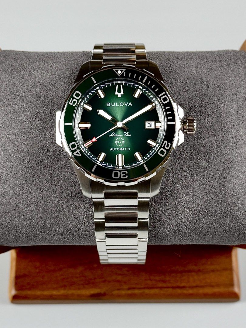 BNIB Bulova “Marine Star 41 - Green” Automatic Diver (Category: Men's Watches) located in Quezon City. Submitted by fluxcapacitorjp (Listing ID 1468955388, Image 2). Description: BNIB Bulova “Marine Star 41 - Green” Automatic Diver - Brand new. - Complete with e-guarantee. - 41mm case diameter. - Sapphire crystal with AR coating. - Green rotating bezel. - Stainless steel case. - Stainless steel bracelet. - Sunburst green dial. - Luminous hands an
