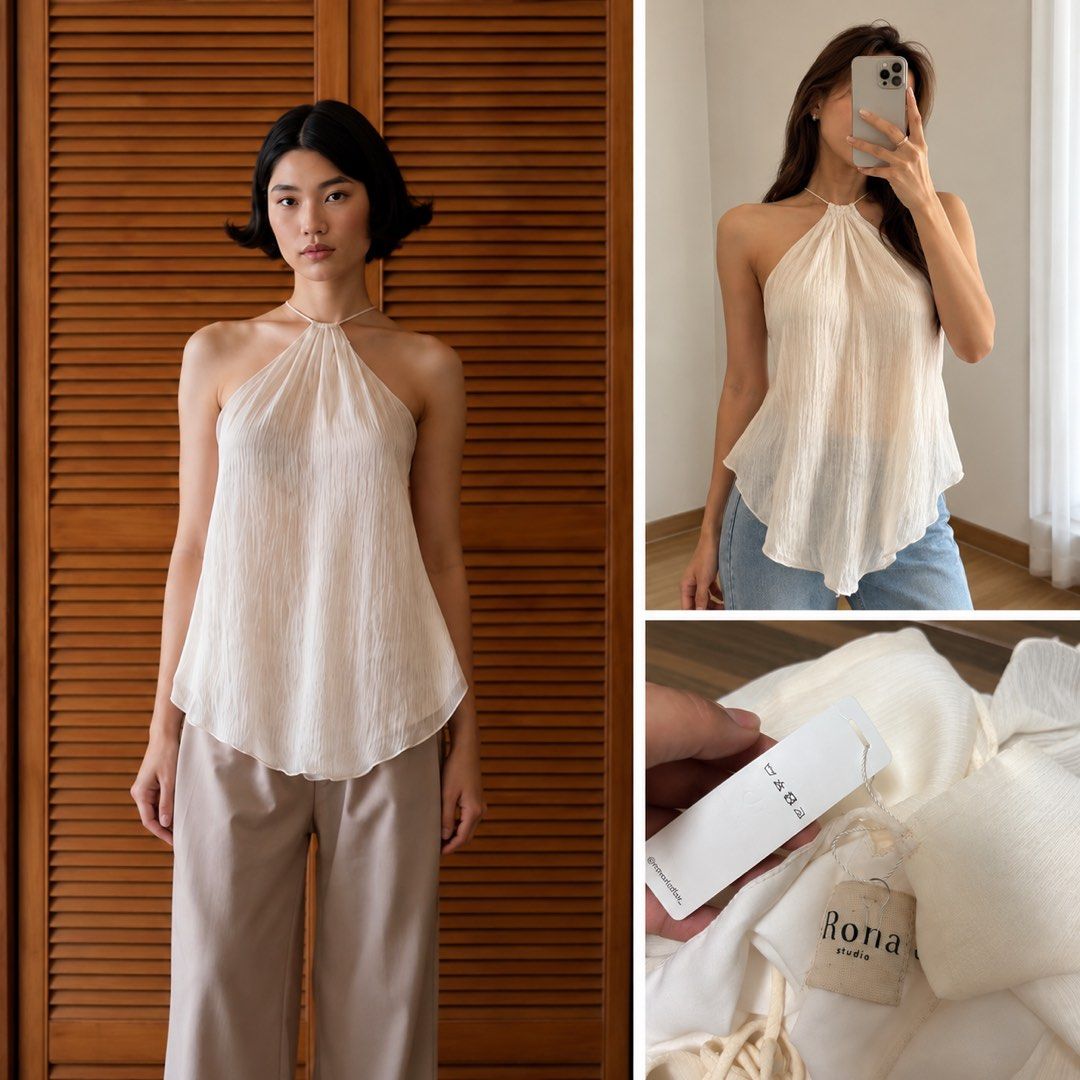 BNWT🙏 Rona Studio White Halter Top (Category: Sleeveless) located in Taguig. Submitted by lovedby_flora (Listing ID 1469074409, Image 1). Description: - Brand: Rona Studio (indonesian brand) - Size: S - bought this for 1659 php price is fixed! - not backless.
