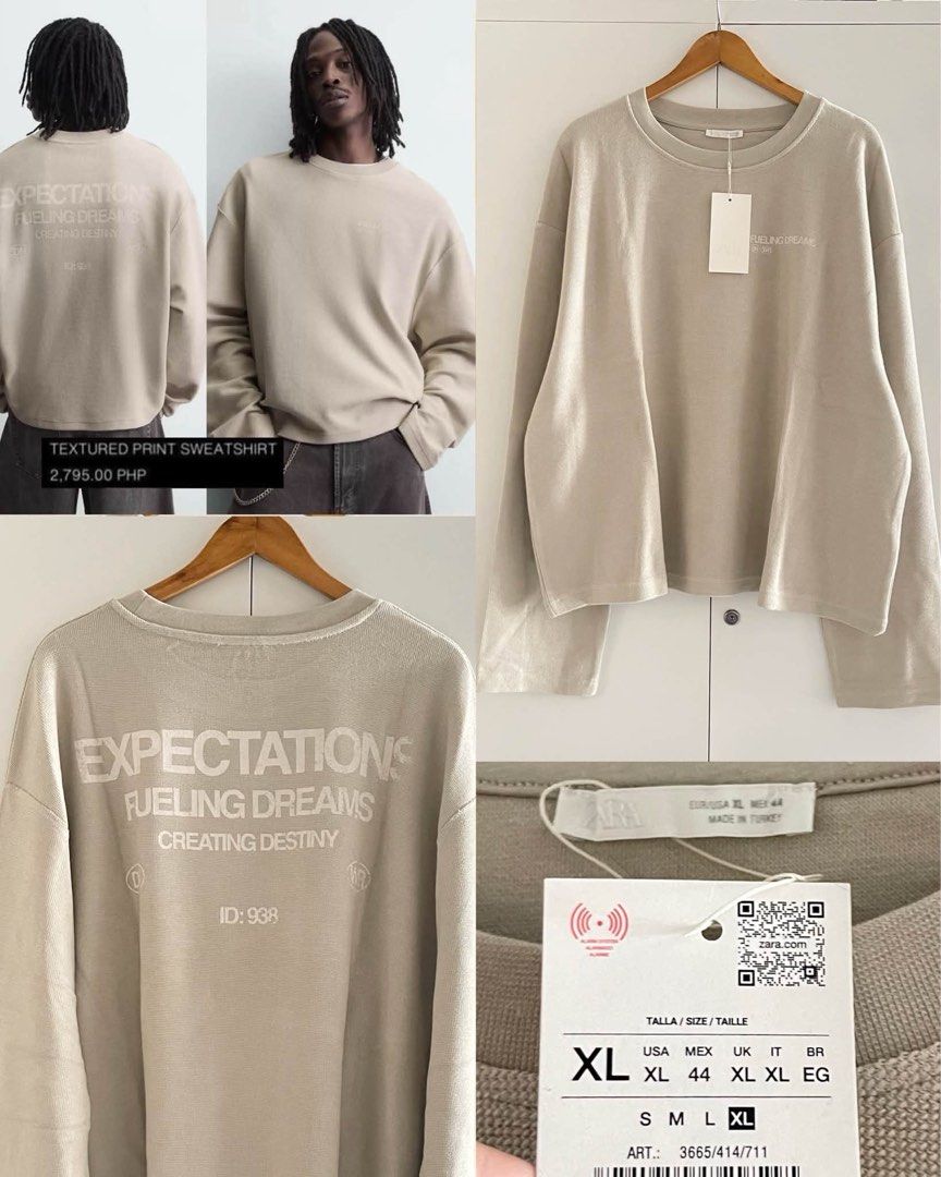 BNWT ZARA textured print sweatshirt (Category: Tshirts & Polo Shirts ) located in Dasmarinas. Submitted by allisongrey1323 (Listing ID 1468973508, Image 1). Description: BNWT ZARA textured print sweatshirt XL on tag width: 28 length: 25.5 orig price: 2,795 price: 990.