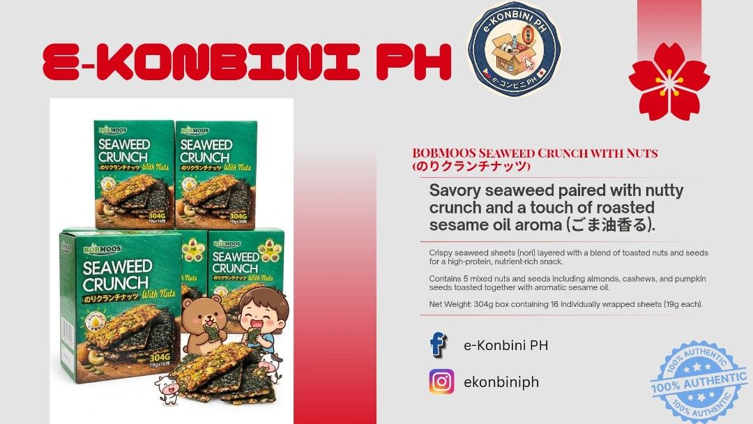 Bobmoos Seaweed Crunch with Nuts 304g (Category: Packaged & Instant Food) located in Quezon City. Submitted by jcn27 (Listing ID 1468967042, Image 2). Description: - Product: Bobmoos Seaweed Crunch Snacks with Mixed Nuts and Seeds - Flavor Profile: Savory nori sheets layered with almonds, cashews, pumpkin seeds, and a rich roasted sesame oil aroma - Packaging: Box contains 16 individually wrapped 19g sheets (Net Weight: 304g) - Health Benefits: H