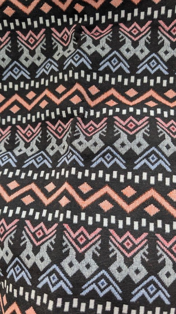 Boho Pattern Drawstring Backpack (Category: Backpacks) located in Manila. Submitted by alyssaapac81898 (Listing ID 1469000501, Image 2). Description: Black fabric backpack with geometric tribal pattern in peach and blue. Drawstring closure with black cords. Inside features a zippered pocket for small items. Lightweight and easy to throw on for daily use, gym sessions, or casual outings. Fabric has a sturdy textured weave. location: silang/indang,