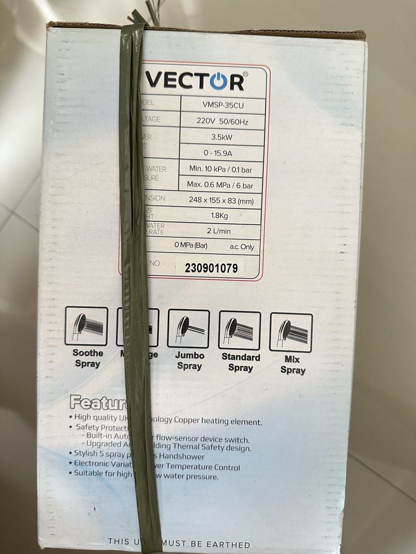 Brand New Vector Water Heater (Category: Home Improvement Tools & Accessories) located in Bacoor. Submitted by de_clutters (Listing ID 1468963711, Image 2). Description: Vector Water Heater for sale. Never used and never opened. Specs on the photo. MODEL: VMSP3CU.