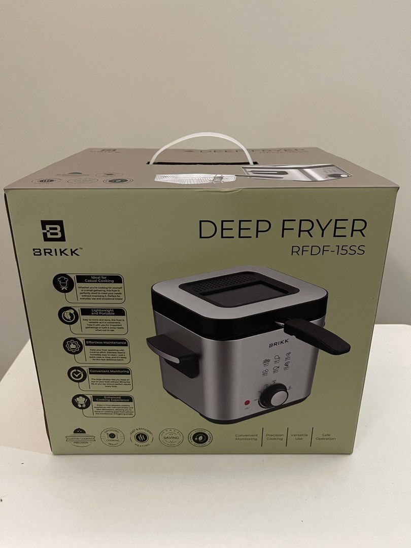 Brikk Deep Fryer RFDF-15SS (Category: Fryers) located in Quezon City. Submitted by bravehorse_f1f6d5 (Listing ID 1469110658, Image 3). Description: - Brand: Brikk Deep Fryer (Model: RFDF-15SS) - Condition: Brand new, unopened box, factory packed - Capacity: 1.5L with durable stainless steel body - Temperature: Adjustable control up to 190°C - Convenience: Includes viewing window, removable lid, and frying basket - Easy Cleanup: Non-stick inner po