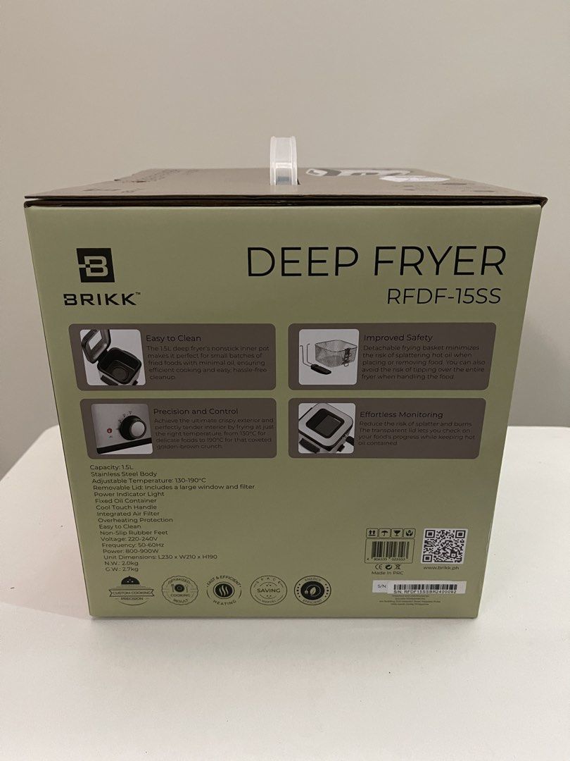 Brikk Deep Fryer RFDF-15SS (Category: Fryers) located in Quezon City. Submitted by bravehorse_f1f6d5 (Listing ID 1469110658, Image 2). Description: - Brand: Brikk Deep Fryer (Model: RFDF-15SS) - Condition: Brand new, unopened box, factory packed - Capacity: 1.5L with durable stainless steel body - Temperature: Adjustable control up to 190°C - Convenience: Includes viewing window, removable lid, and frying basket - Easy Cleanup: Non-stick inner po