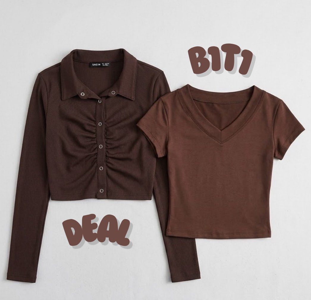 Brown Tops Bundle – V neck & Long Sleeve Crop Top (Category: Longsleeves) located in Quezon City. Submitted by justine_xx (Listing ID 1463222880, Image 1). Description: ✨ BUY 1 TAKE 1 BUNDLE 🤎⭐️ Included Items: 🤎 Brown Short Sleeve V-Neck Tee 🤎 SHEIN Long Sleeve Button-Up Crop Top Product Details: Size: SMALL Material: Stretchable ribbed fabric Condition: Never been used RFS: Too small PLEASE READ BEFORE BUYING ‼️ • Payment: GCash / Maya / Ban