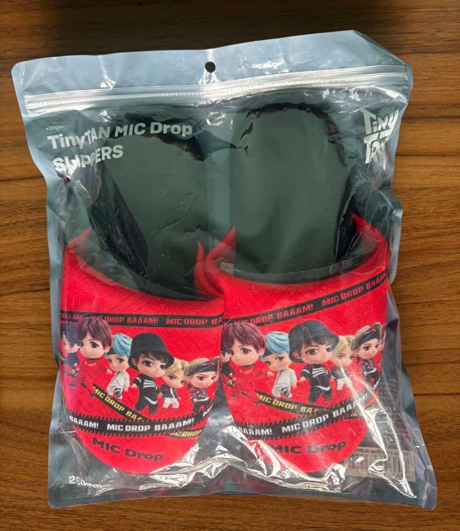 BTS TinyTAN MIC Drop SLIPPERS (Category: K-Wave Merchandise) located in Baguio. Submitted by shine.dream.smile (Listing ID 1469035632, Image 1). Description: Condition - Unopened (no seal when it arrived but was never opened by the seller) - Damages/imperfections: None to the naked eye Details - Inclusions: Actual product and seller’s packaging - Size: KR 260 - Rarity: Rare - Availability: On hand - Reason for selling (RFS): Decluttering - Seller