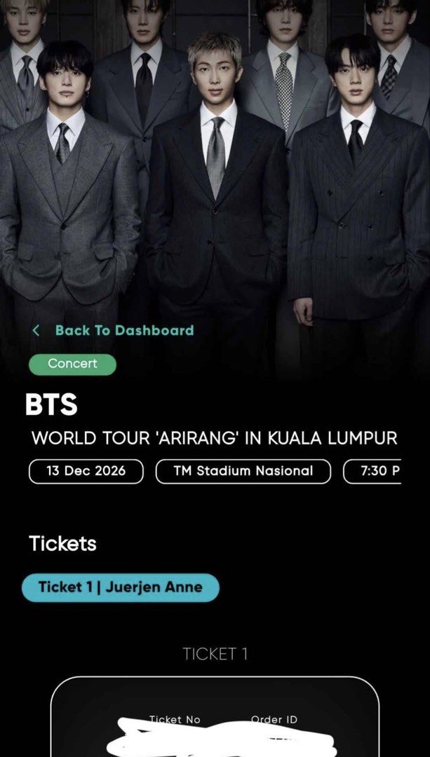 BTS World Tour Arirang Kuala Lumpur (Category: Events Tickets) located in Marikina City. Submitted by hellojuerj (Listing ID 1469092247, Image 1). Description: BTS WORLD TOUR ARIRANG KUALA LUMPUR CAT6 Section 318B Day 2 Prio PH ARMYs Ticket Fee + Credit Card Fee + Minimal Fee for the stress RFS : Found a better seat. Not a reseller, just a fan who wants to sell her extra ticket. Payment : Open to get DP first to secure ticket. Then we can meet be