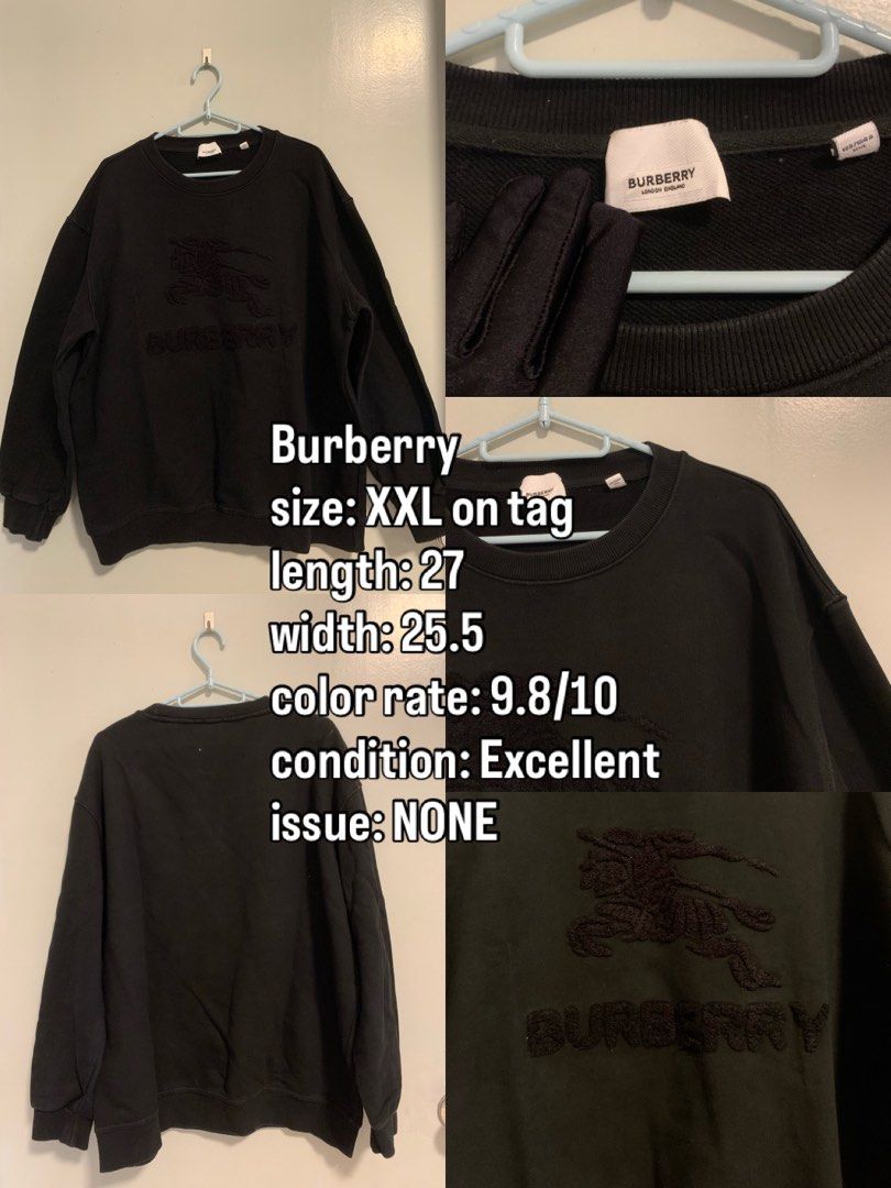 Burberry Black Sweatshirt Size (Category: Coats, Jackets and Outerwear) located in Manila. Submitted by paulbrayan37775 (Listing ID 1469101239, Image 1). Description: - Brand: Burberry - Item: Sweatshirt - Color: Rich Black (Zero fading) - Condition: 9.8/10 (Excellent, no flaws or issues) - Size: XXL (Tag size) - Measurements (Flat): Length 27 inches, Width 25.5 inches - Details: Tonal embroidered equestrian knight logo on the chest.
