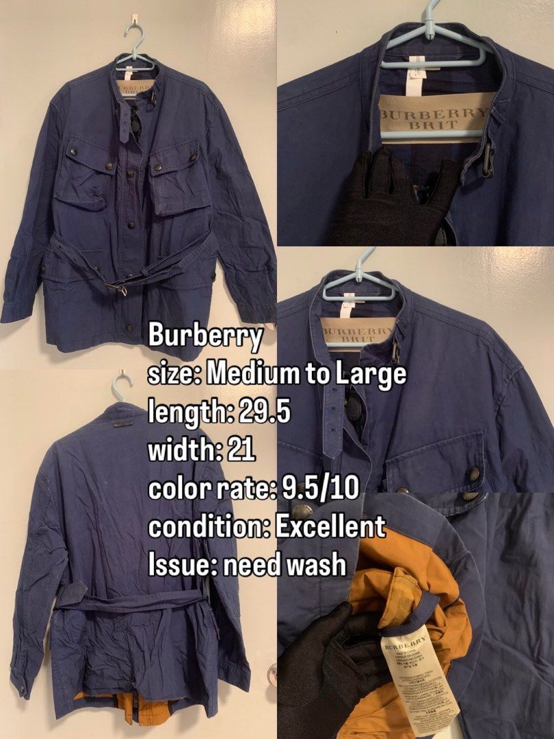 Burberry Brit Blue Jacket Belted Utility Coat Medium Large (Category: Coats, Jackets and Outerwear) located in Manila. Submitted by paulbrayan37775 (Listing ID 1469101659, Image 1). Description: - Authentic Burberry Brit utility jacket in blue - Includes matching belt, collar strap, and multiple front button pockets - Features a stylish mustard yellow inner lining - Size: Fits Medium to Large (Length: 29.5", Width: 21") - Condition: 9.5/10 color 