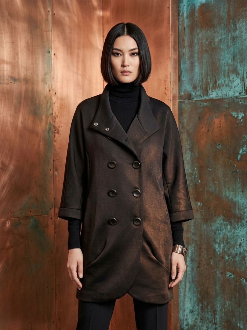 Calvin Klein Double-Breasted Coat with Leopard Lining (Category: Coats, Jackets and Outerwear) located in Tarlac. Submitted by jeremiah.curator.2026 (Listing ID 1469107458, Image 1). Description: - Brand: Calvin Klein - Style: Double-breasted coat with funnel neck and snap button closure - Color: Classic Black - Size: L (Tag attached) - Features: Three-quarter sleeves with folded cuffs, practical side pockets, and a stylish leopard and paisley in