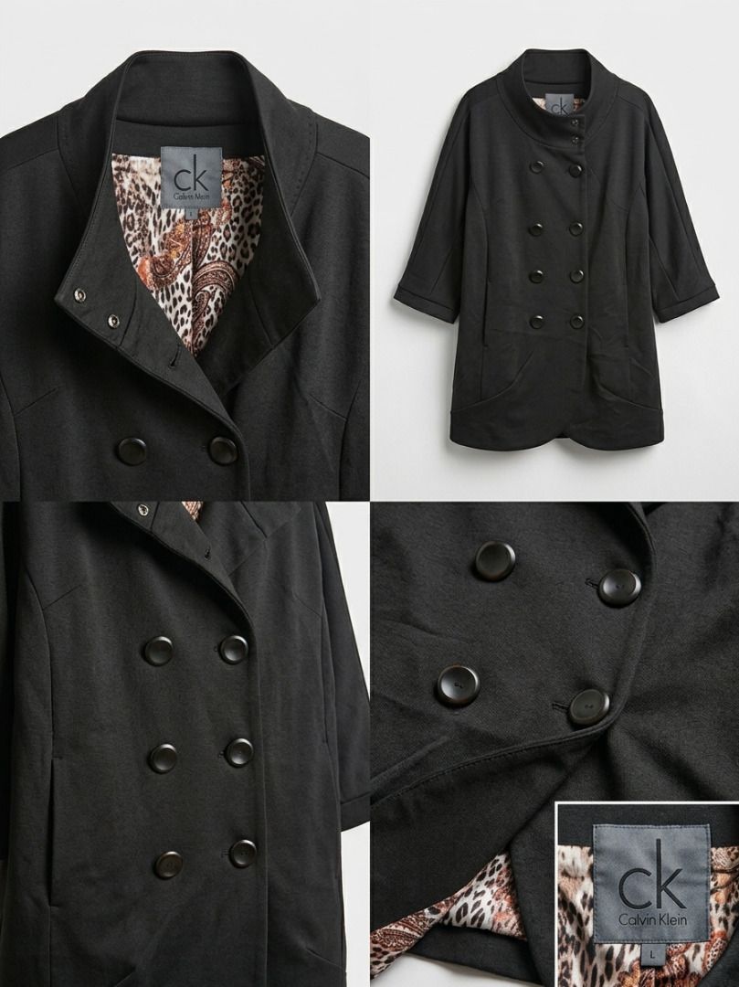 Calvin Klein Double-Breasted Coat with Leopard Lining (Category: Coats, Jackets and Outerwear) located in Tarlac. Submitted by jeremiah.curator.2026 (Listing ID 1469107458, Image 2). Description: - Brand: Calvin Klein - Style: Double-breasted coat with funnel neck and snap button closure - Color: Classic Black - Size: L (Tag attached) - Features: Three-quarter sleeves with folded cuffs, practical side pockets, and a stylish leopard and paisley in