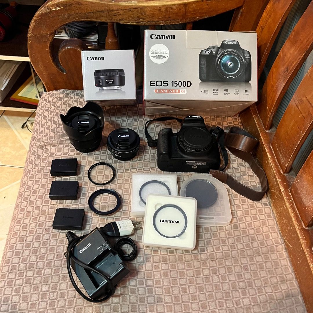 CANON EOS 1500D BUNDLE (Category: Cameras) located in Caloocan City. Submitted by gxbefred (Listing ID 1469011612, Image 2). Description: FOR SALE: CANON EOS 1500D BUNDLE 📸 💰 ₱29,999 NEGOTIABLE RFS: Upgrade INCLUSIONS: 📷 Camera Body * Canon EOS 1500D (body only) * Original box and manuals * Original camera strap * 3 original LP-E10 batteries * 1 charger 🔍 Lenses * Canon EF-S 24mm f/2.8 STM * Canon EF 50mm f/1.8 STM (with box) 🎞️ Filters & Ac