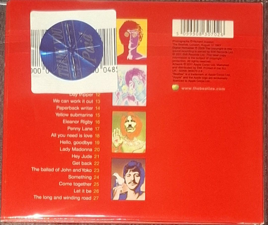 (CD) The Beatles: No. 1 (Remastered) (Category: CDs & DVDs) located in Makati City. Submitted by decluttermp (Listing ID 1469112482, Image 2). Description: - Remastered edition featuring 27 legendary number one hits - Includes classic tracks from Day Tripper to The Long and Winding Road - Iconic red case with the signature yellow number one graphic on the front - Back cover displays track numbers 12-27 and portraits of John, Paul, George, and Rin