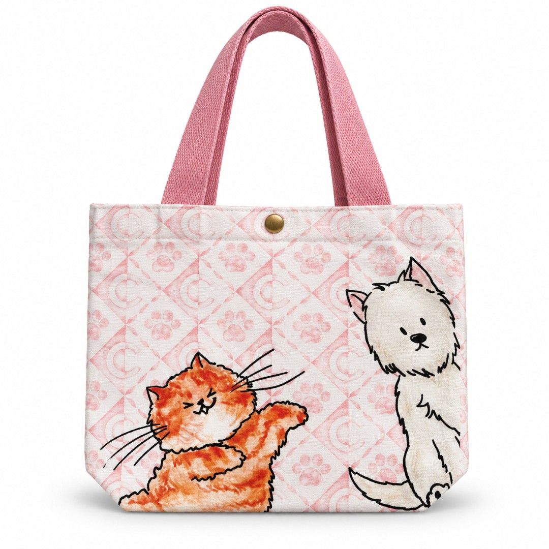 CHAGEE Pet Series Canvas Tote Bag (Cat & Dog Pattern) (Category: Homes & Other Pet Accessories) located in Pasig City. Submitted by swipeandpicks (Listing ID 1469085650, Image 2). Description: •Color: Pastel Pink base pattern with vibrant watercolor illustrations of cats and dogs, accented by soft blush pink woven cotton straps. •Material: Premium thick canvas / structured cotton blend with a secure snap-button closure on top. Features a water-re
