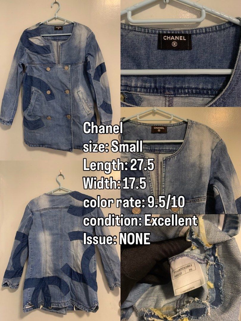 Chanel Denim Jacket (Category: Coats, Jackets and Outerwear) located in Manila. Submitted by paulbrayan37775 (Listing ID 1469102187, Image 1). Description: - Brand: Chanel - Style: Denim jacket with distinctive logo cutouts, double-breasted button front, and scoop neckline - Size: Small - Measurements: 27.5 inches length, 17.5 inches width - Condition: Excellent, practically flawless, clean inside and out - Features: Timeless luxury piece ready t