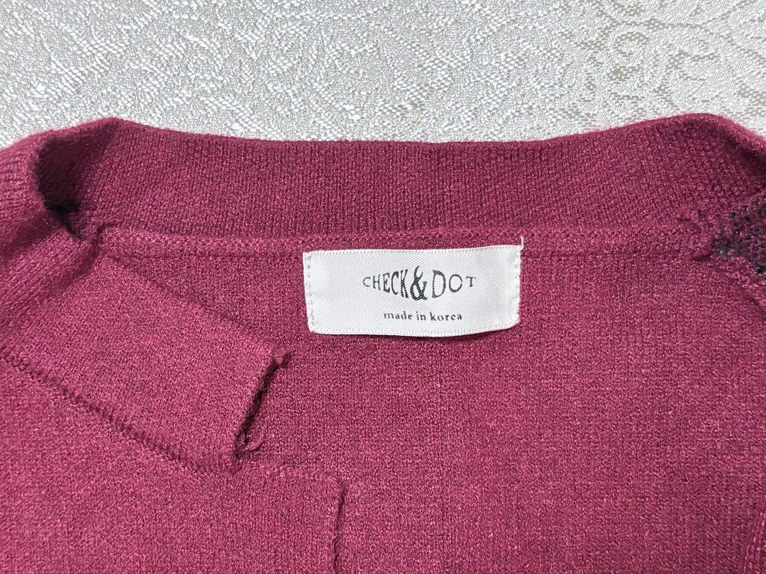 [CHECK & DOT] Maroon Open Front Knit Cardigan (Category: Coats, Jackets and Outerwear) located in Rizal. Submitted by lihena1996 (Listing ID 1468958817, Image 2). Description: [WINTER SALE] Living in Taiwan and getting rid of winter clothes I’ve already worn. Selling so I can buy new winter clothes. - Brand: Check & Dot (Made in Korea) - Style: Open front cardigan with relaxed silhouette and cropped sleeves - Color/Design: Maroon soft knit with c
