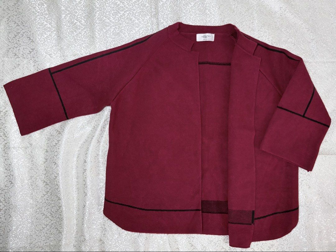 [CHECK & DOT] Maroon Open Front Knit Cardigan (Category: Coats, Jackets and Outerwear) located in Rizal. Submitted by lihena1996 (Listing ID 1468958817, Image 1). Description: [WINTER SALE] Living in Taiwan and getting rid of winter clothes I’ve already worn. Selling so I can buy new winter clothes. - Brand: Check & Dot (Made in Korea) - Style: Open front cardigan with relaxed silhouette and cropped sleeves - Color/Design: Maroon soft knit with c