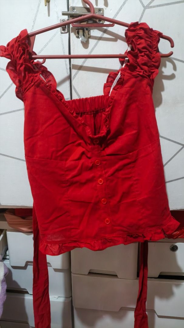 cherry red self tie back ruffle v neck | chic coquette (Category: Others Tops) located in Quezon City. Submitted by aesthetellah (Listing ID 1469056951, Image 2). Description: never used (sinukat lang) size: XS-SM (stretchy) .