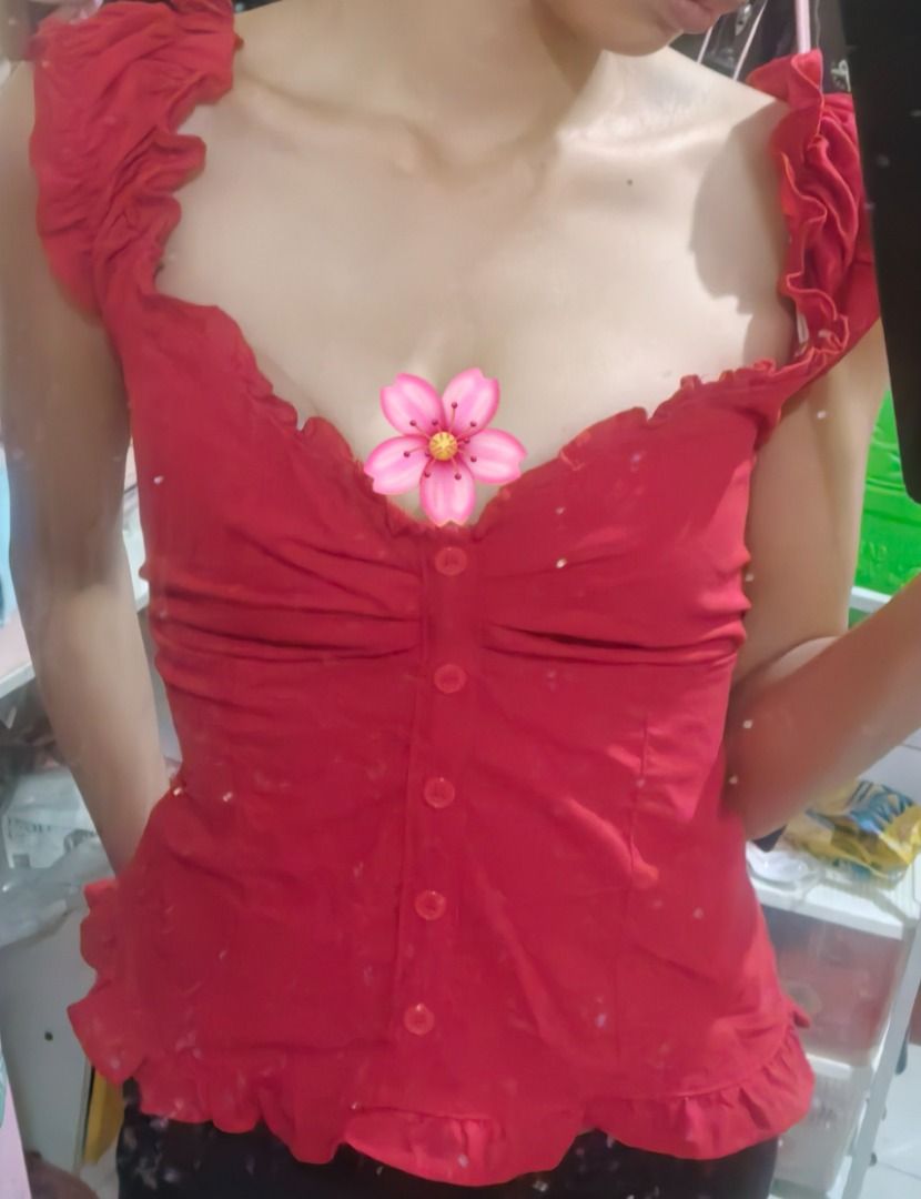 cherry red self tie back ruffle v neck | chic coquette (Category: Others Tops) located in Quezon City. Submitted by aesthetellah (Listing ID 1469056951, Image 1). Description: never used (sinukat lang) size: XS-SM (stretchy) .