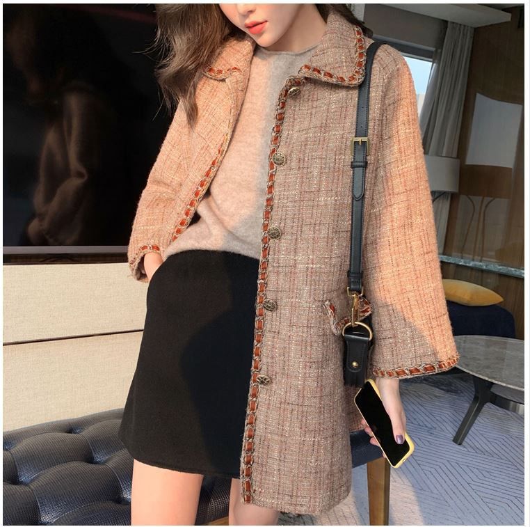 Chic Tweed Coat with Braided Trim and Front Pockets (Category: Coats, Jackets and Outerwear) located in General Santos City (Dadiangas). Submitted by amzonshop (Listing ID 1468997437, Image 1). Description: - Material: Textured tweed in warm camel and brown tones - Design: Contrast braided trim along the collar, placket, and pockets with chic gold-toned buttons - Pockets: Two functional front flap pockets - Fit: Mid-length cut with long sleeves -