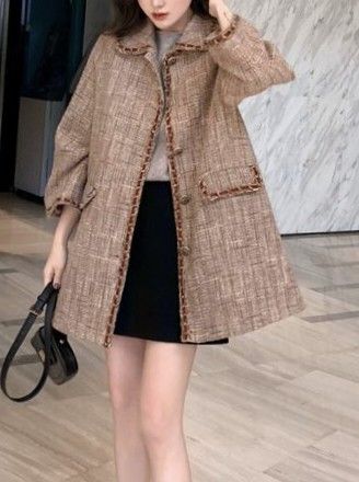 Chic Tweed Coat with Braided Trim and Front Pockets (Category: Coats, Jackets and Outerwear) located in General Santos City (Dadiangas). Submitted by amzonshop (Listing ID 1468997437, Image 2). Description: - Material: Textured tweed in warm camel and brown tones - Design: Contrast braided trim along the collar, placket, and pockets with chic gold-toned buttons - Pockets: Two functional front flap pockets - Fit: Mid-length cut with long sleeves -