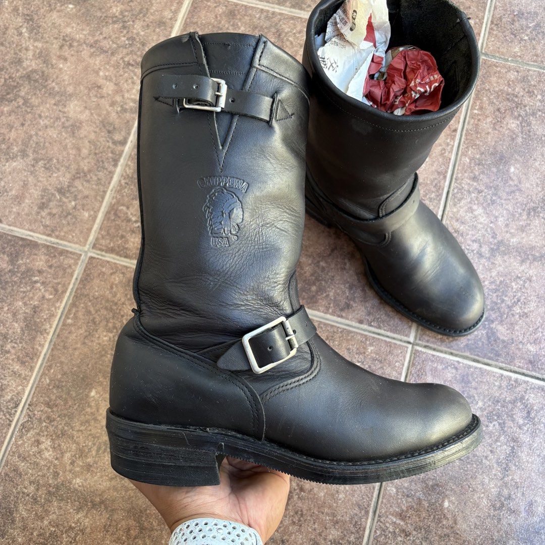 Chippewa Black Leather Engineer Boots (Category: Boots) located in Quezon City. Submitted by dufflebag_boy (Listing ID 1469010458, Image 3). Description: Chippewa Black Leather Engineer Boots (such as the classic Style #27863 or similar vintage USA-made motorcycle engineer line), featuring black full-grain leather, dual buckle straps (at the instep and top collar), and an embossed Chippewa logo on the shaft. -Price: 12,500 -Size: 9 1/2E -Still Go
