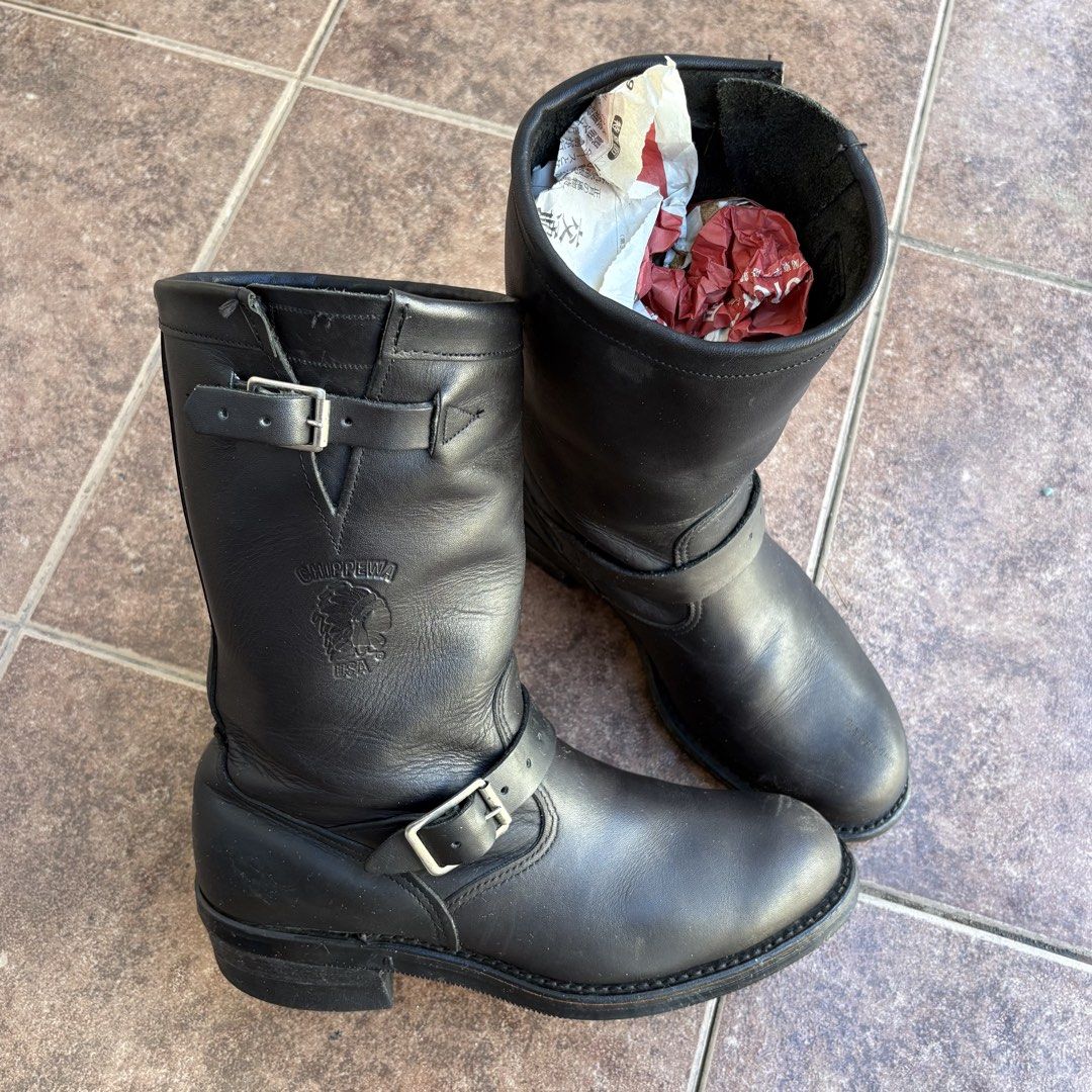 Chippewa Black Leather Engineer Boots (Category: Boots) located in Quezon City. Submitted by dufflebag_boy (Listing ID 1469010458, Image 2). Description: Chippewa Black Leather Engineer Boots (such as the classic Style #27863 or similar vintage USA-made motorcycle engineer line), featuring black full-grain leather, dual buckle straps (at the instep and top collar), and an embossed Chippewa logo on the shaft. -Price: 12,500 -Size: 9 1/2E -Still Go