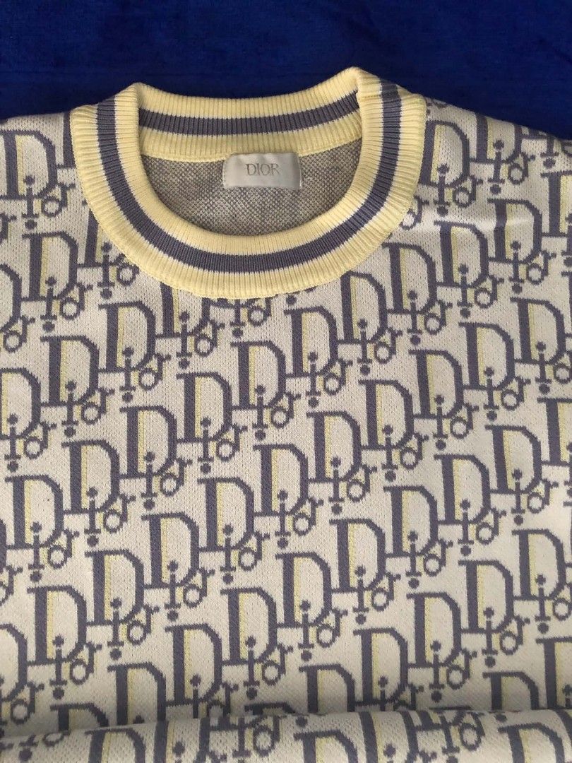 Christian Dior Monogram Knit & Pin T-shirt Bundle (Category: Shirts) located in Manila. Submitted by wonderboi80 (Listing ID 1468981373, Image 2). Description: - Authentic Dior tops bundle (Set of 2) - 100% cotton, Made in Italy - Top 1: All-over Dior monogram pattern with yellow and grey ribbed trim - Top 2: Plain white cotton with embroidered Dior lettering and safety pin graphic - Clean inner tags and clear branding throughout - Guaranteed hig