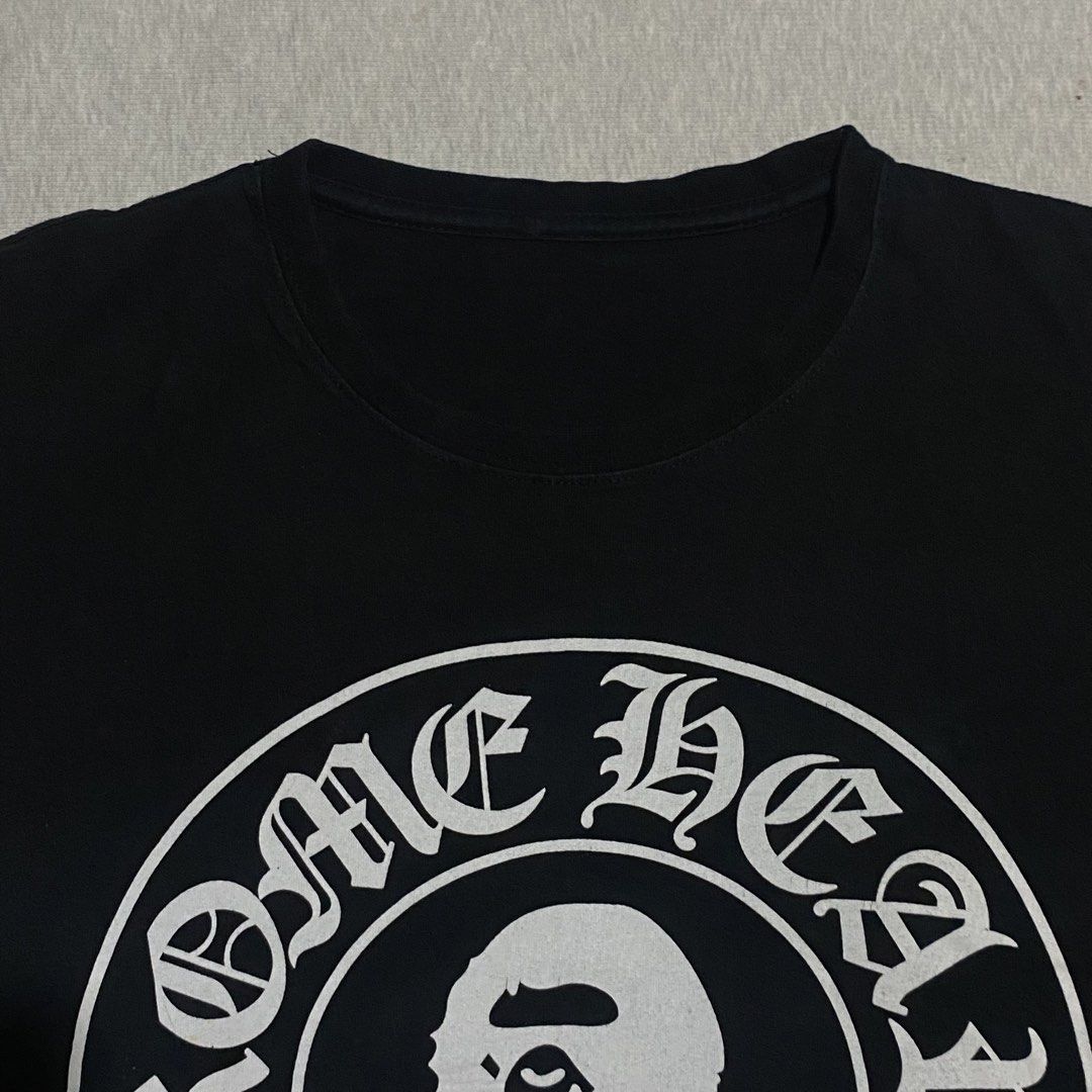 Chrome Heart x A Bathing Ape (Category: Shirts) located in Mabalacat. Submitted by stellargarments (Listing ID 1468975333, Image 3). Description: no tags Length : 25 Width : 19 Condition : 9/10 smooth pa tela very comfy & smooth on skin minimal hairline sa harap sa likod 5hairline lang medjo lukot pa po need wash fresh from bale color may vary due to lighting.