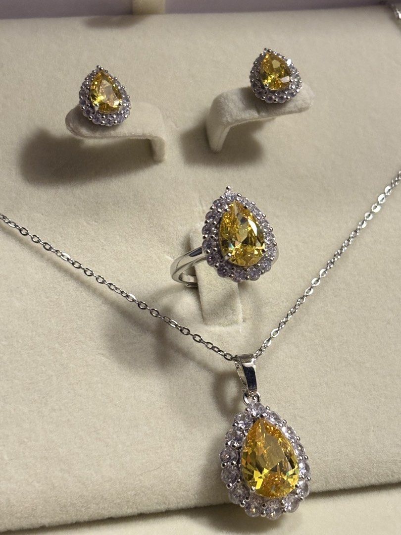 💛citrine set earrings, ring & necklace (Category: Necklaces) located in Davao. Submitted by emmanuelchuamellorin23 (Listing ID 1469065913, Image 2). Description: 💛Citrine set earrings, ring & necklace gemstone. Size 16-18inches chain Ring size 6.5 adjustable Markings pt950 Uv reactive on the side stones 💯 Rodium/ Platinum over copper based metal Tarnish resistant with extra care Message me directly📩.