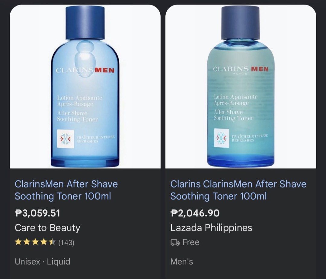Clarins Men After Shave Toner 100ml (Category: Makeup) located in Taguig. Submitted by makeupgoodiess (Listing ID 1468932572, Image 2). Description: 2 slots.