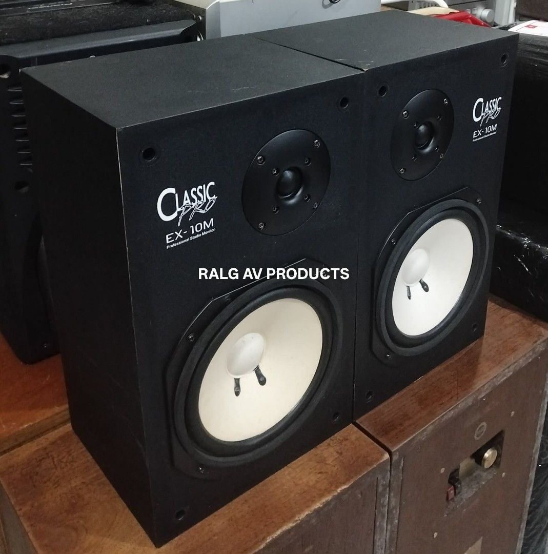 Classic Pro EX-10M Professional Studio Monitors (Category: Soundbars, Speakers & Amplifiers) located in Bulacan. Submitted by ronald277077025 (Listing ID 1469029685, Image 3). Description: CLASSIC PRO 2 WAY PROFESSIONAL STUDIO MONITOR SPEAKER SYSTEM EX-10M 120 WATTS 8 OHMS 8" CORN CONE WOOFER SOFT SILK DOME TYPE TWEETER AIRTIGHT BUFFLES MADE IN JAPAN DIMENSIONS: W25 x H42 x D21. 5 CM 9kg each -THIS WAS DESIGNED TO MIMIC THE AESTHETIC AND SOUND PR