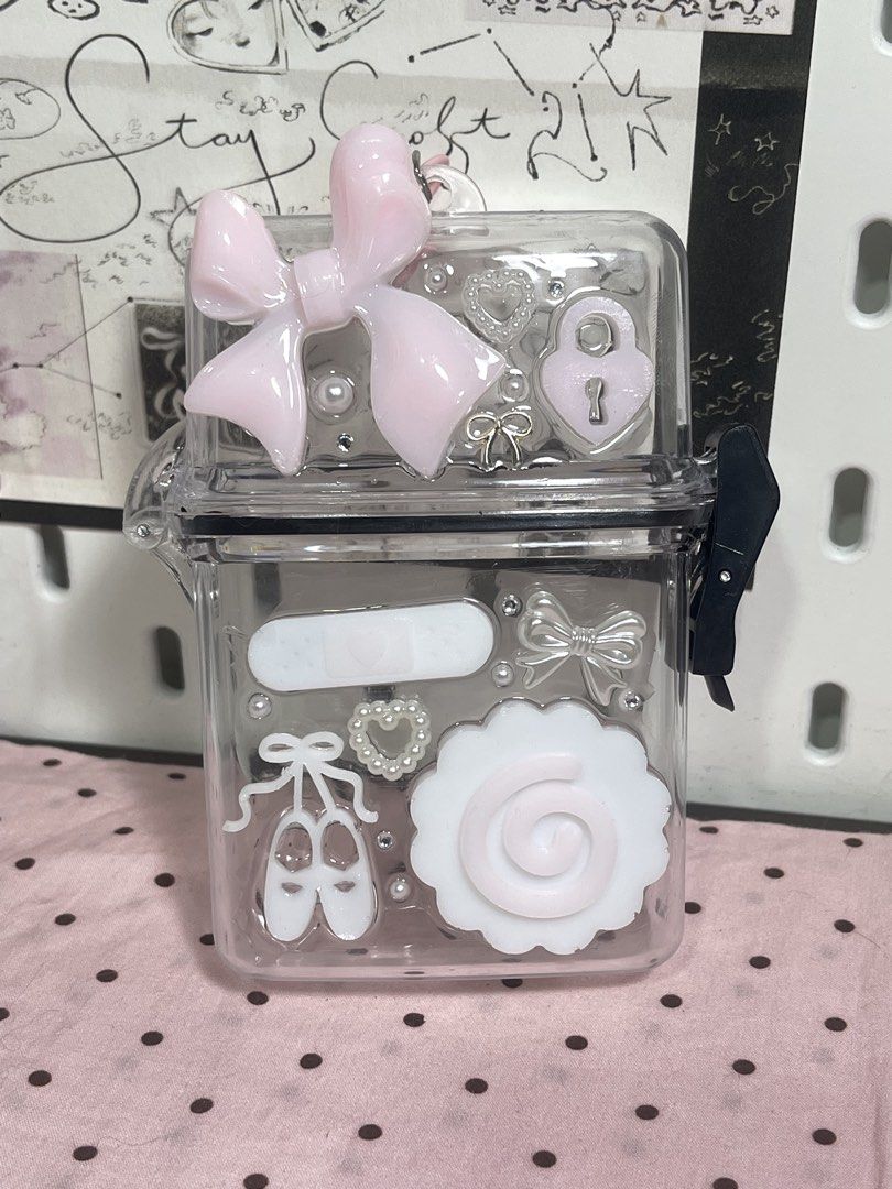 Clear pink coquette decorated storage box container (Category: Handmade Craft) located in Mariveles. Submitted by nahtmystyle (Listing ID 1468954908, Image 2). Description: These are handcrafted items, so please manage your expectations as some items may have minor imperfections💓 some organizers have minor cracks loc: bataan mop: gcash mod: jnt .
