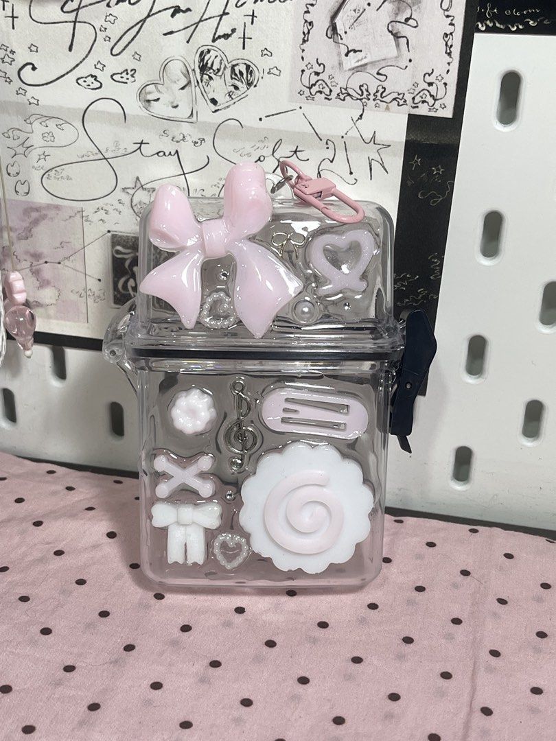 Clear pink coquette decorated storage box container (Category: Handmade Craft) located in Mariveles. Submitted by nahtmystyle (Listing ID 1468954908, Image 3). Description: These are handcrafted items, so please manage your expectations as some items may have minor imperfections💓 some organizers have minor cracks loc: bataan mop: gcash mod: jnt .